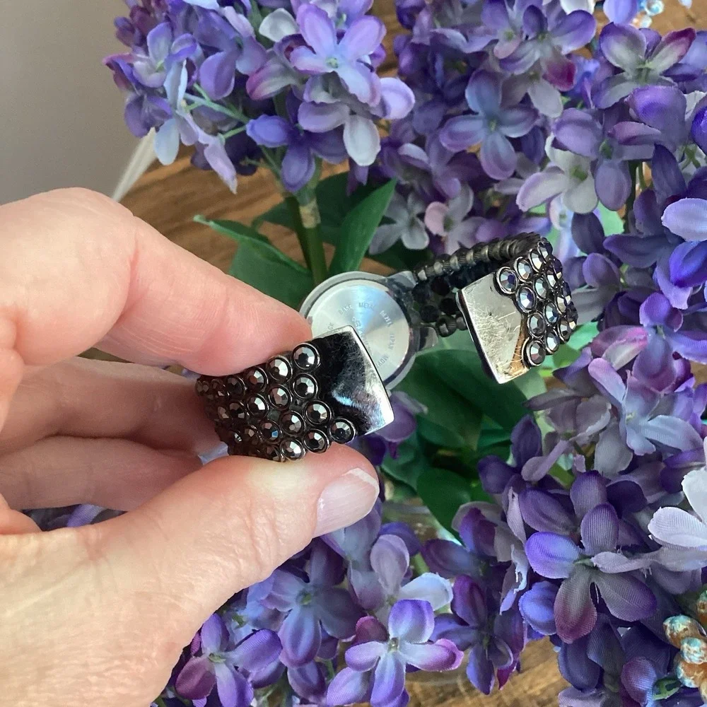 Chico's Rhinestone Crystal Inlay Black Cuff Bracelet Women's Watch Needs Battery